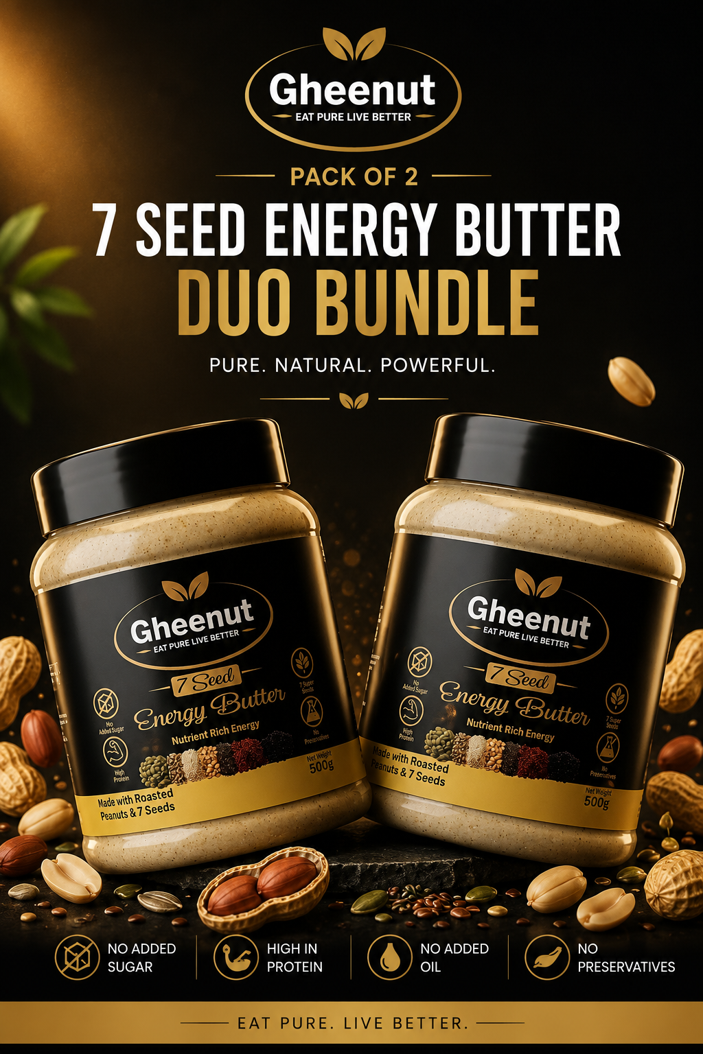 Gheenut 7 Seed Energy Peanut Butter – Natural Power for Strength & Stamina Duo Pack (2 × 500g)